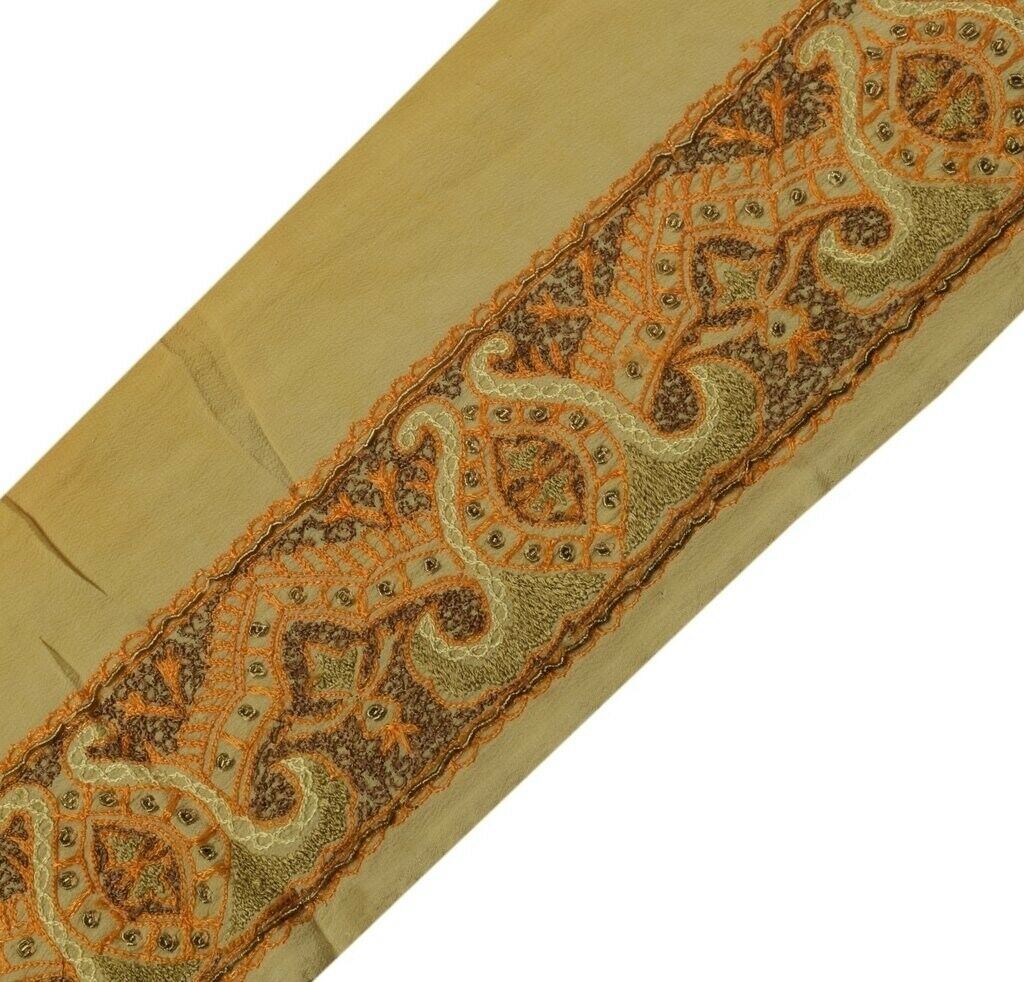 Vintage Sari Border Indian Craft Trim Hand Beaded Embroidered Ribbon Lace Cream