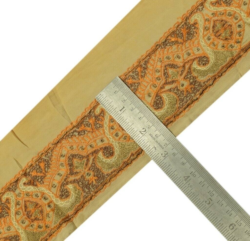 Vintage Sari Border Indian Craft Trim Hand Beaded Embroidered Ribbon Lace Cream