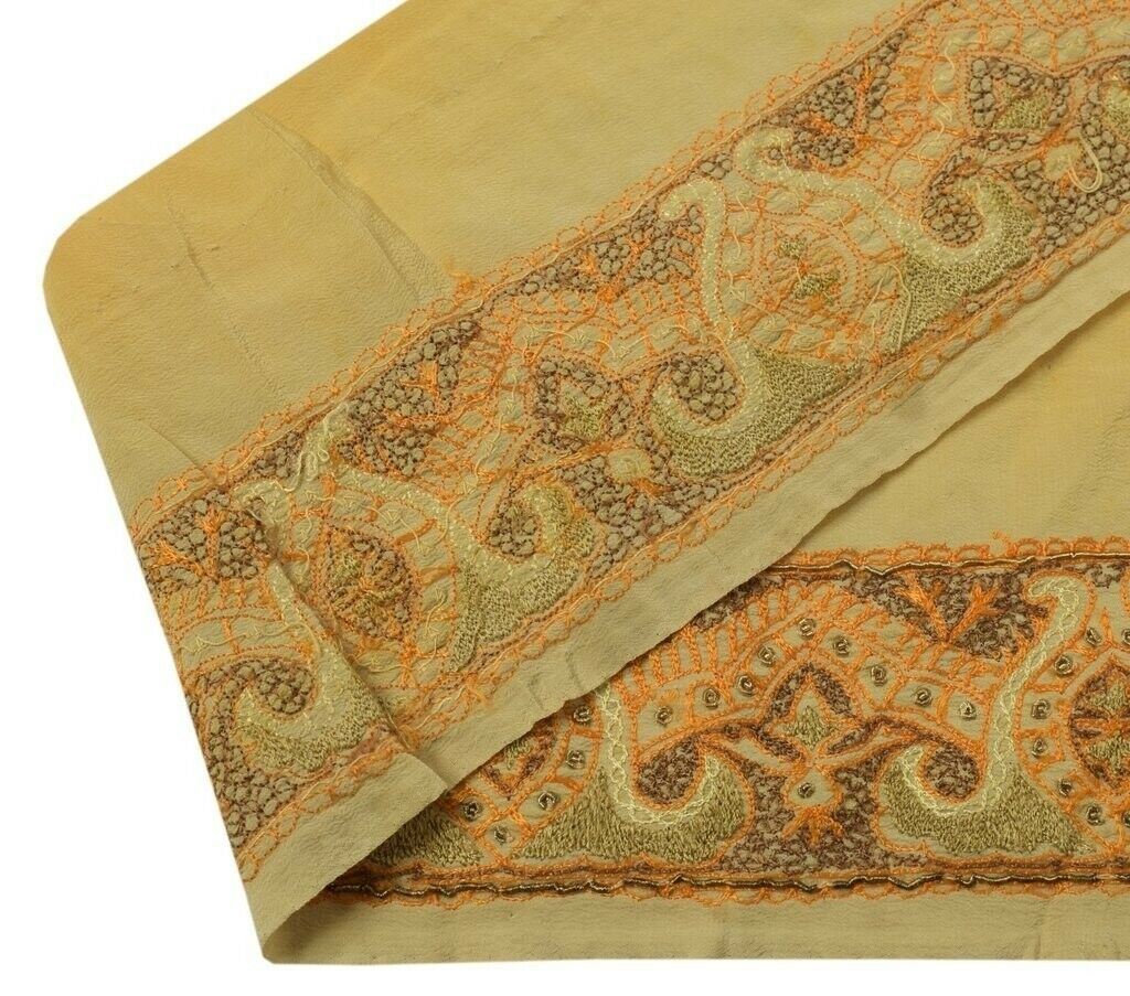 Vintage Sari Border Indian Craft Trim Hand Beaded Embroidered Ribbon Lace Cream