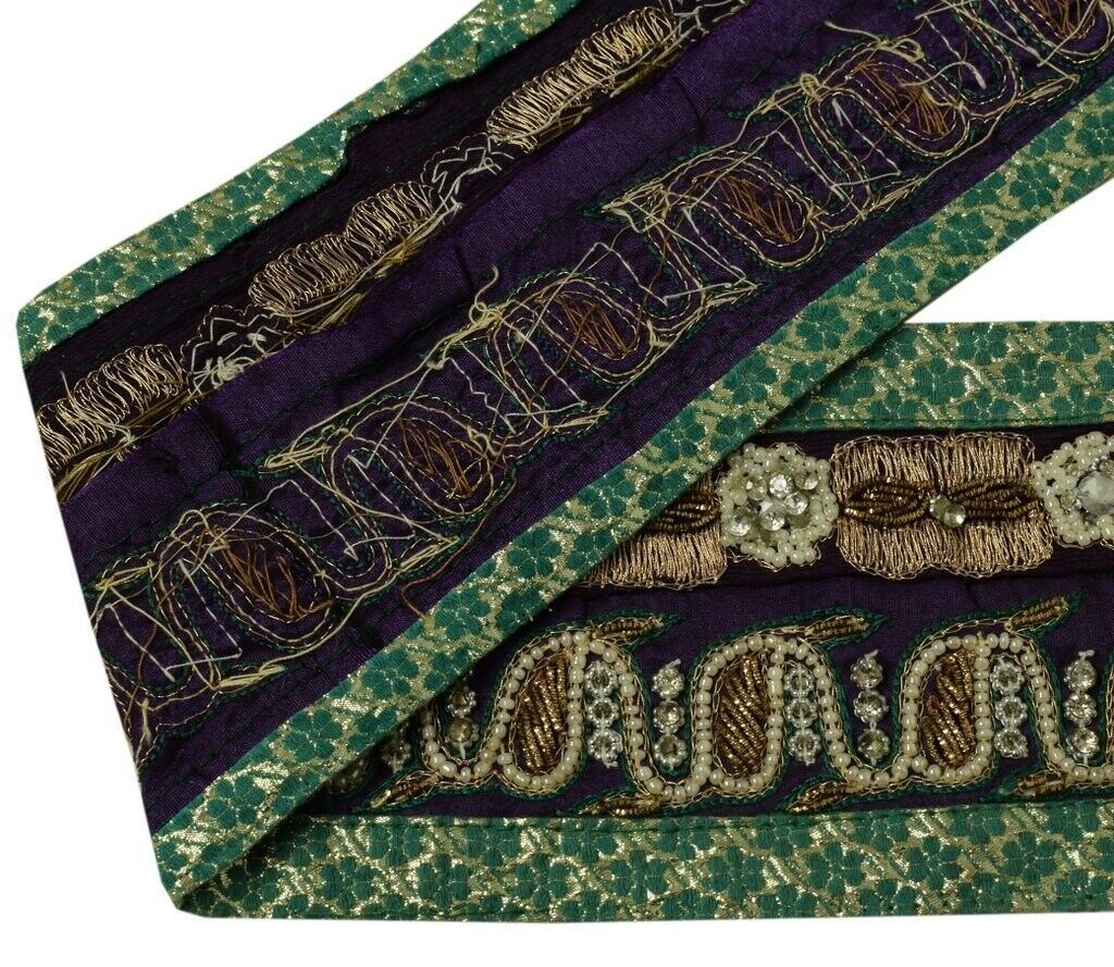 Vintage Sari Border Indian Craft Trim Hand Beaded Embroidered Ribbon Lace Purple
