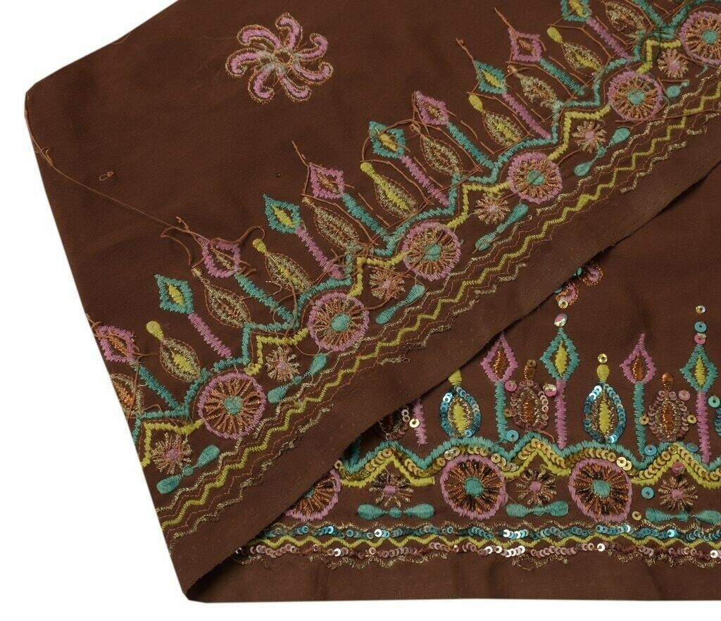 Vintage Sari Border Indian Craft Trim Hand Beaded Embroidered Ribbon Lace Brown