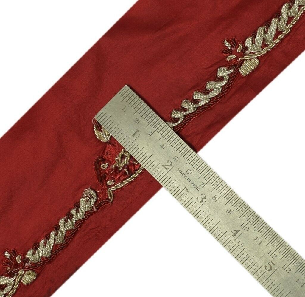 Vintage Sari Border Indian Craft Sewing Trim Hand Beaded Ribbon Lace Deep Red