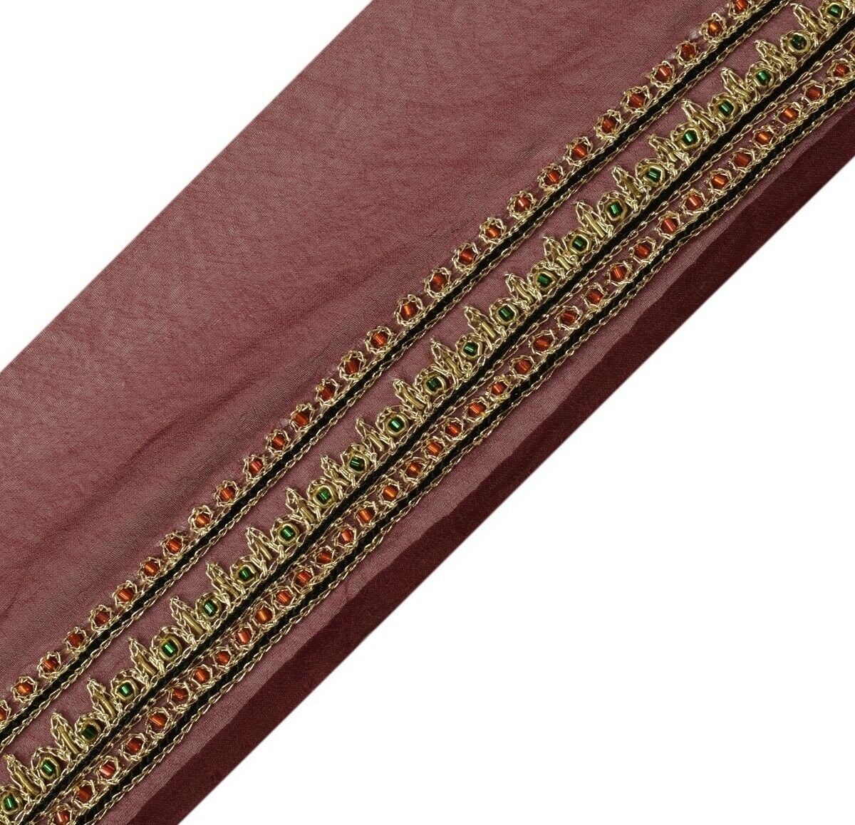 Vintage Sari Border Indian Craft Trim Hand Beaded Embroidered Ribbon Lace Maroon