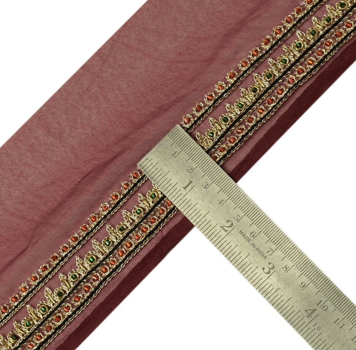 Vintage Sari Border Indian Craft Trim Hand Beaded Embroidered Ribbon Lace Maroon