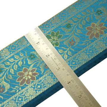 3 Yard Woven Zari Brocade Indian Faux Silk Border Trim Lace Ribbon Turquoise Blu