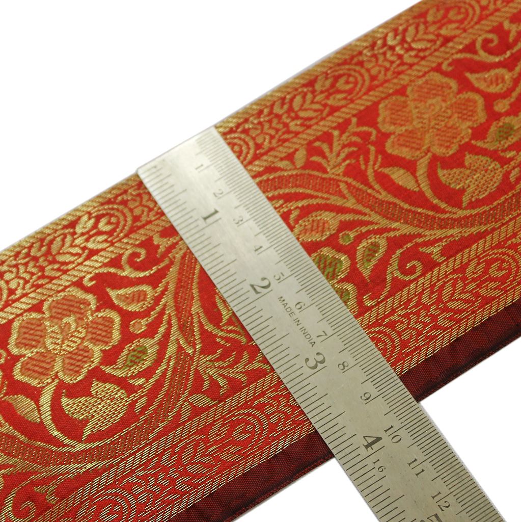 3 Yard Woven Zari Brocade Indian Faux Silk Border Trim Lace Ribbon Red