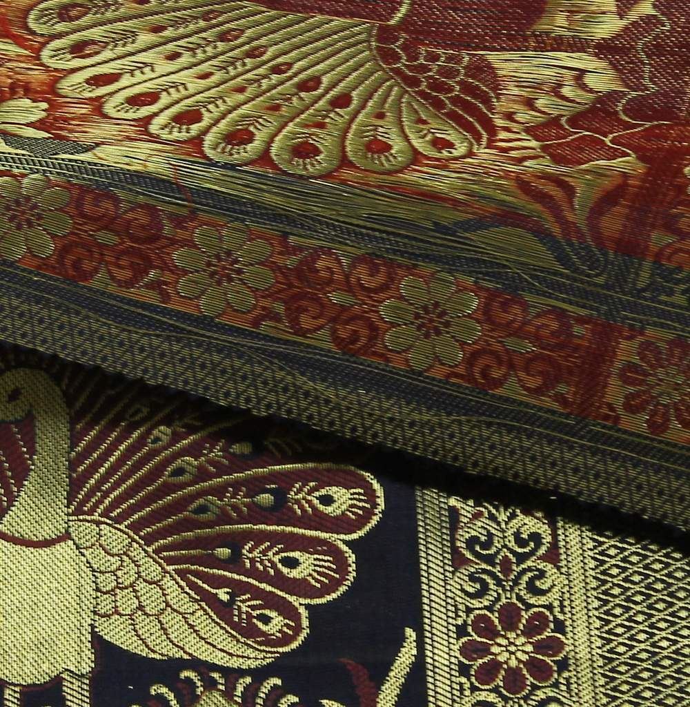 Art Silk Zari Brocade Woven Curtain Craft Multi Purpose Fabric Dancing Peacock N