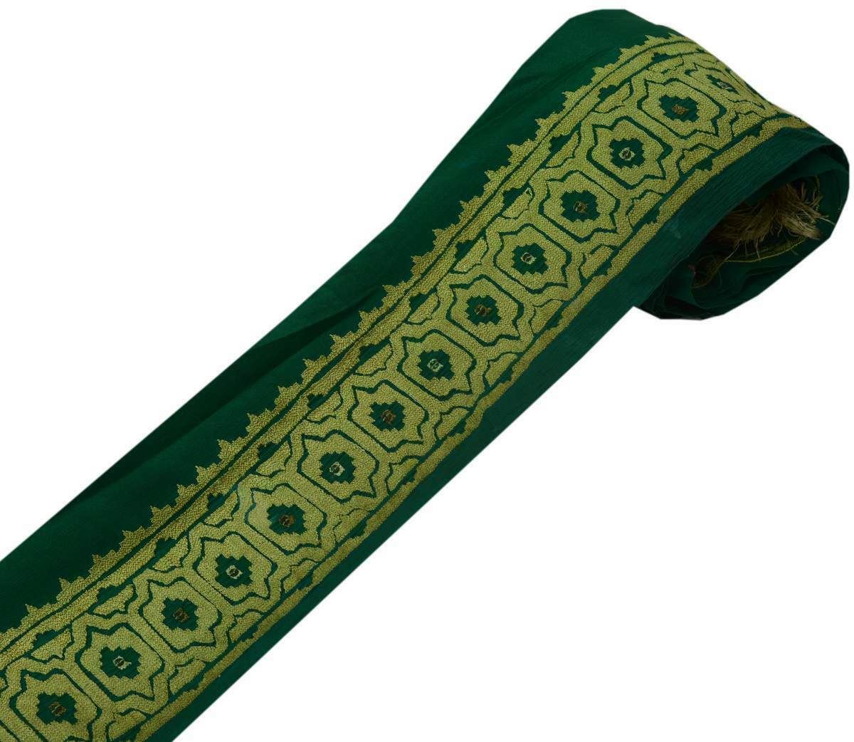 Vintage Sari Border Indian Craft Trim Embroidered Pure Crepe Silk Green Ribbon