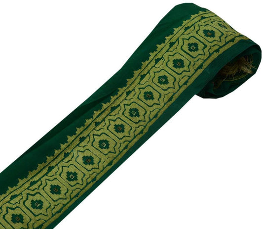 Vintage Sari Border Indian Craft Trim Embroidered Pure Crepe Silk Green Ribbon