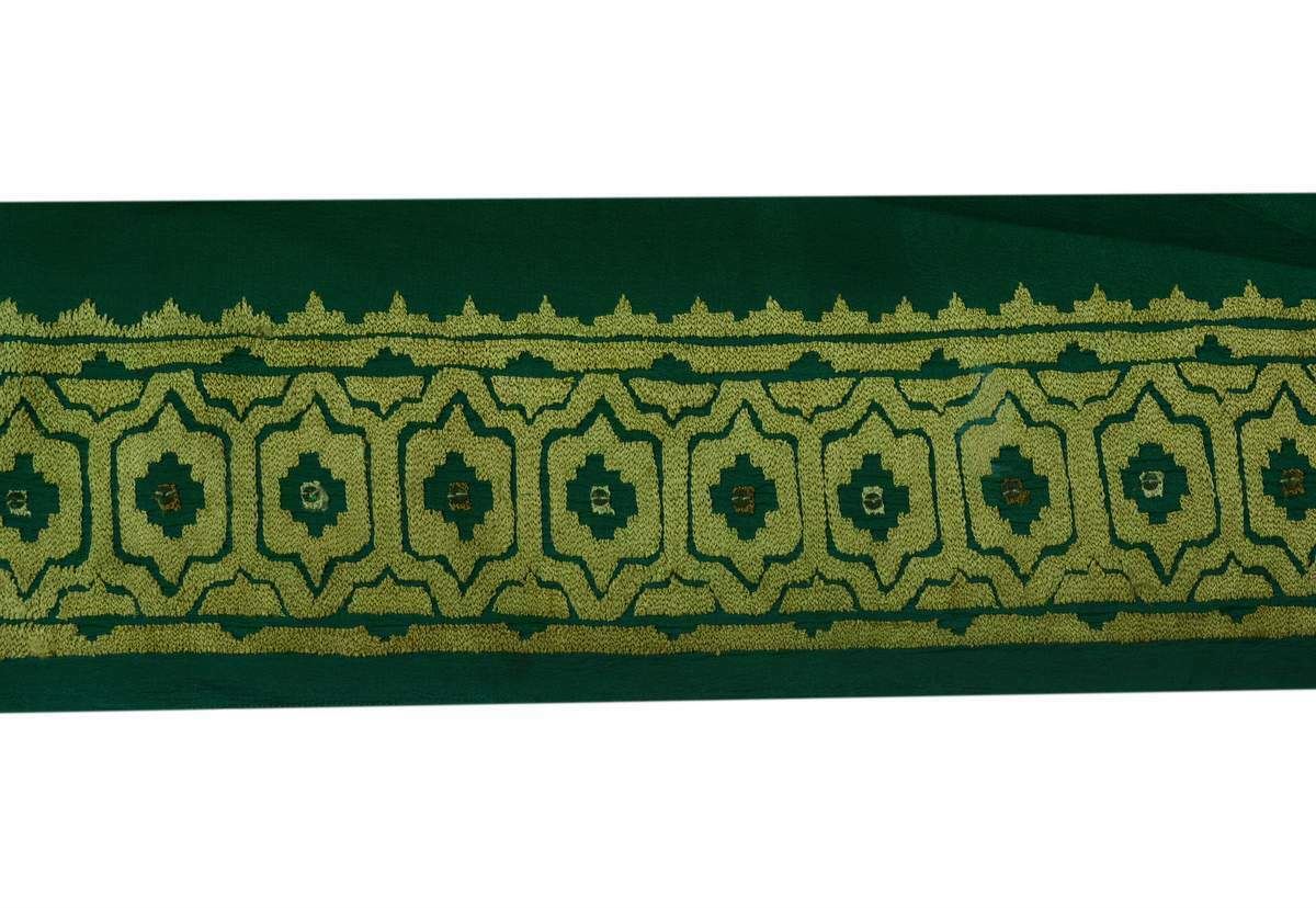 Vintage Sari Border Indian Craft Trim Embroidered Pure Crepe Silk Green Ribbon
