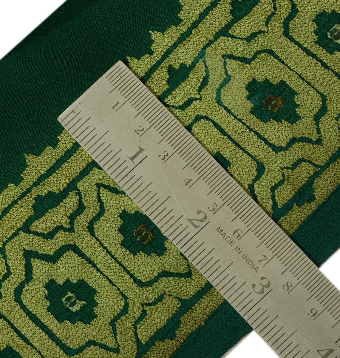 Vintage Sari Border Indian Craft Trim Embroidered Pure Crepe Silk Green Ribbon
