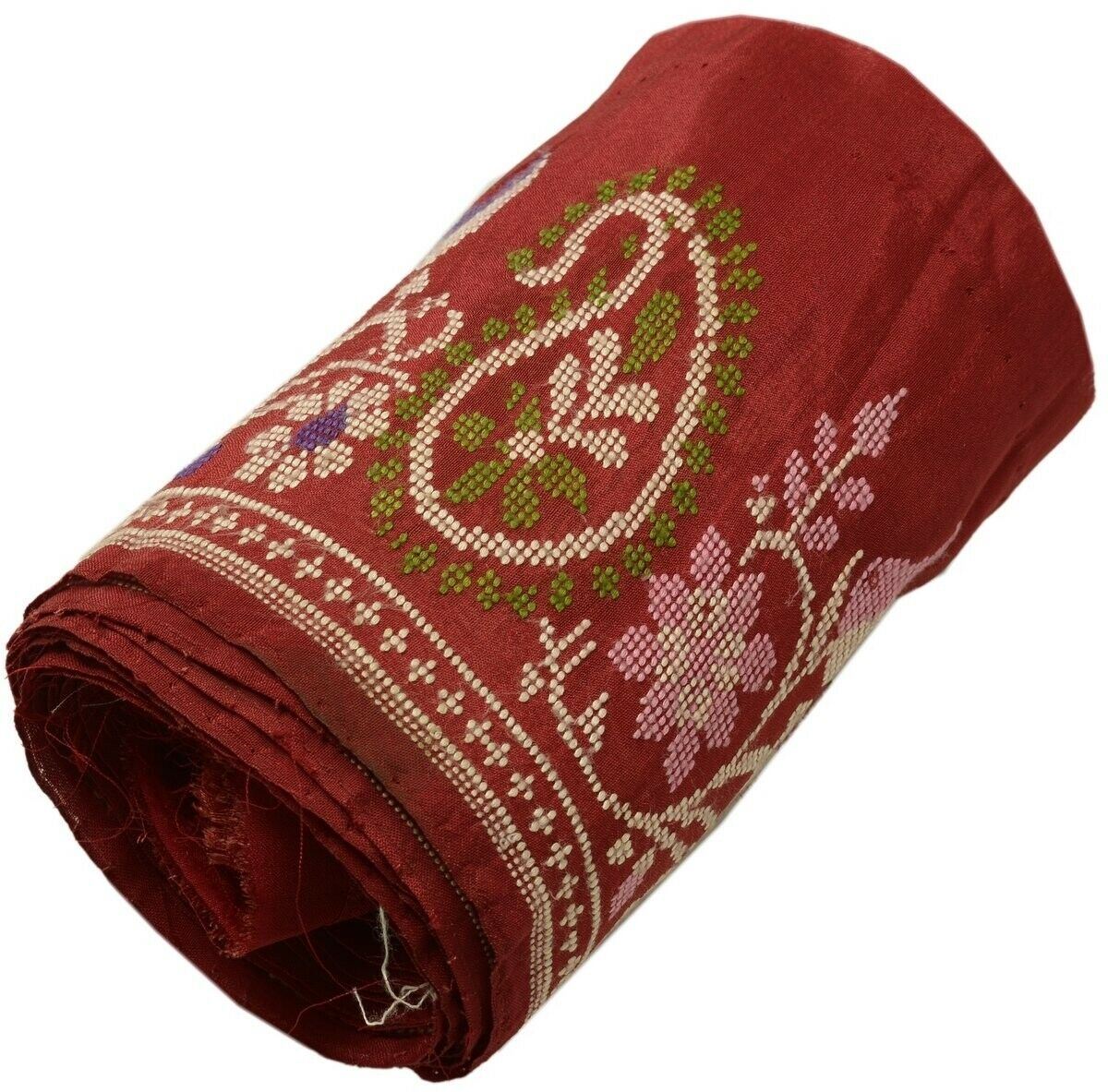 Vintage Sari Border Indian Craft Trim Woven Paisley Pure Silk Maroon Ribbon Lace