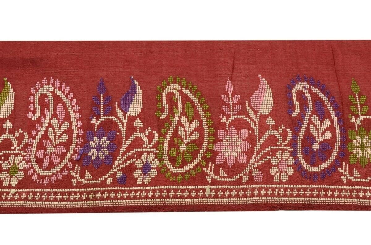 Vintage Sari Border Indian Craft Trim Woven Paisley Pure Silk Maroon Ribbon Lace