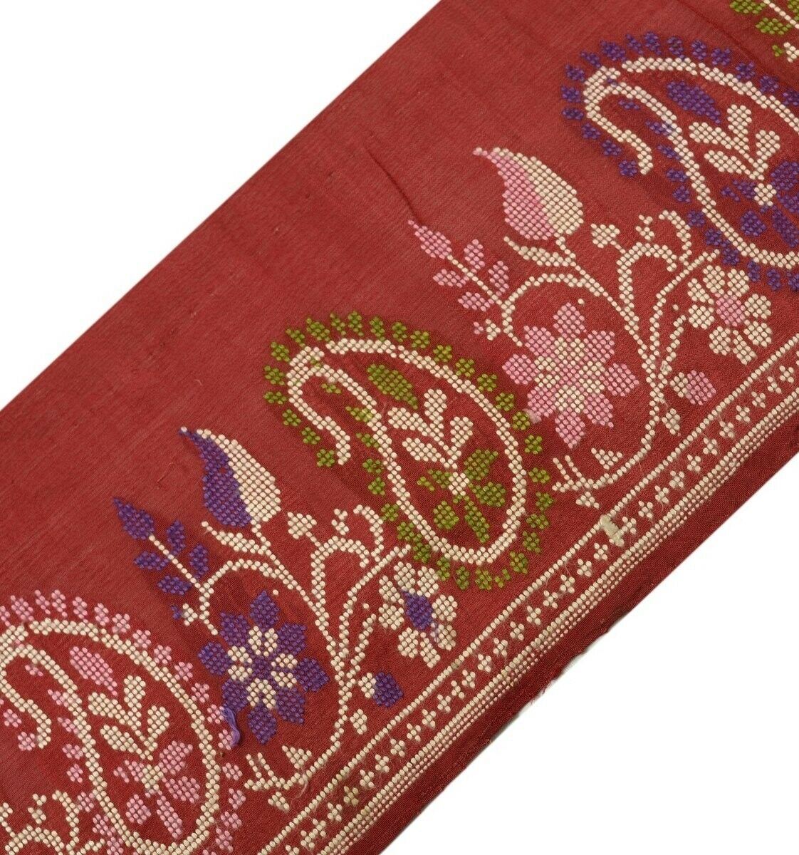 Vintage Sari Border Indian Craft Trim Woven Paisley Pure Silk Maroon Ribbon Lace