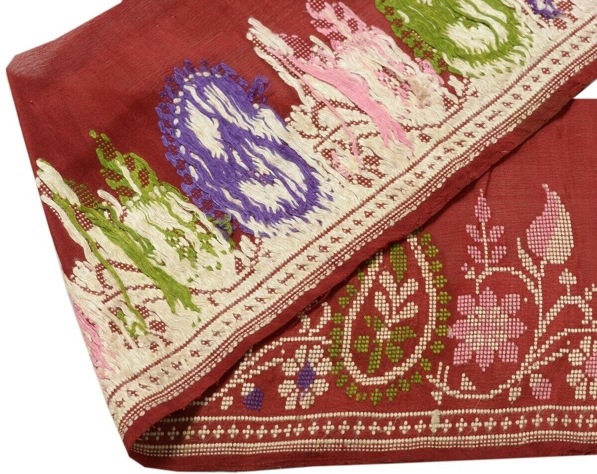 Vintage Sari Border Indian Craft Trim Woven Paisley Pure Silk Maroon Ribbon Lace