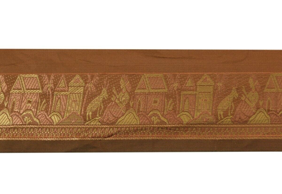 Vintage Sari Border Indian Craft Trim Woven Lady Deer Hut Ribbon Lace Rust