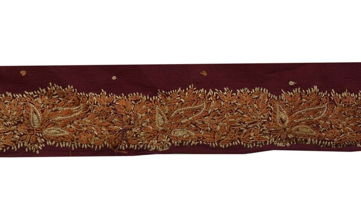 Vintage Sari Border Indian Craft Trim Hand Embroidered Lace Maroon / Purple