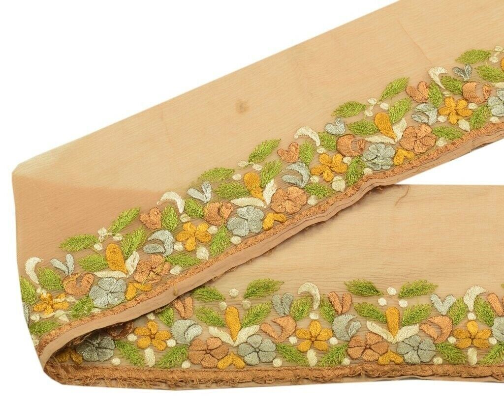 Vintage Saree Sewing Trim Indian Craft Border Embroidered Pure Chiffon Silk Lace