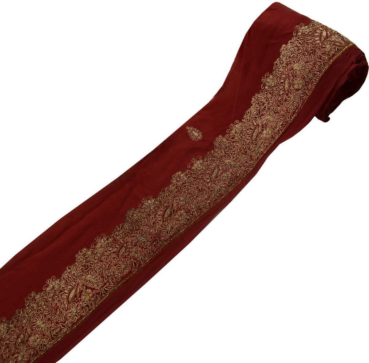 Vintage Sari Border Indian Craft Trim Hand Beaded Embroidered Maroon Lace Ribbon