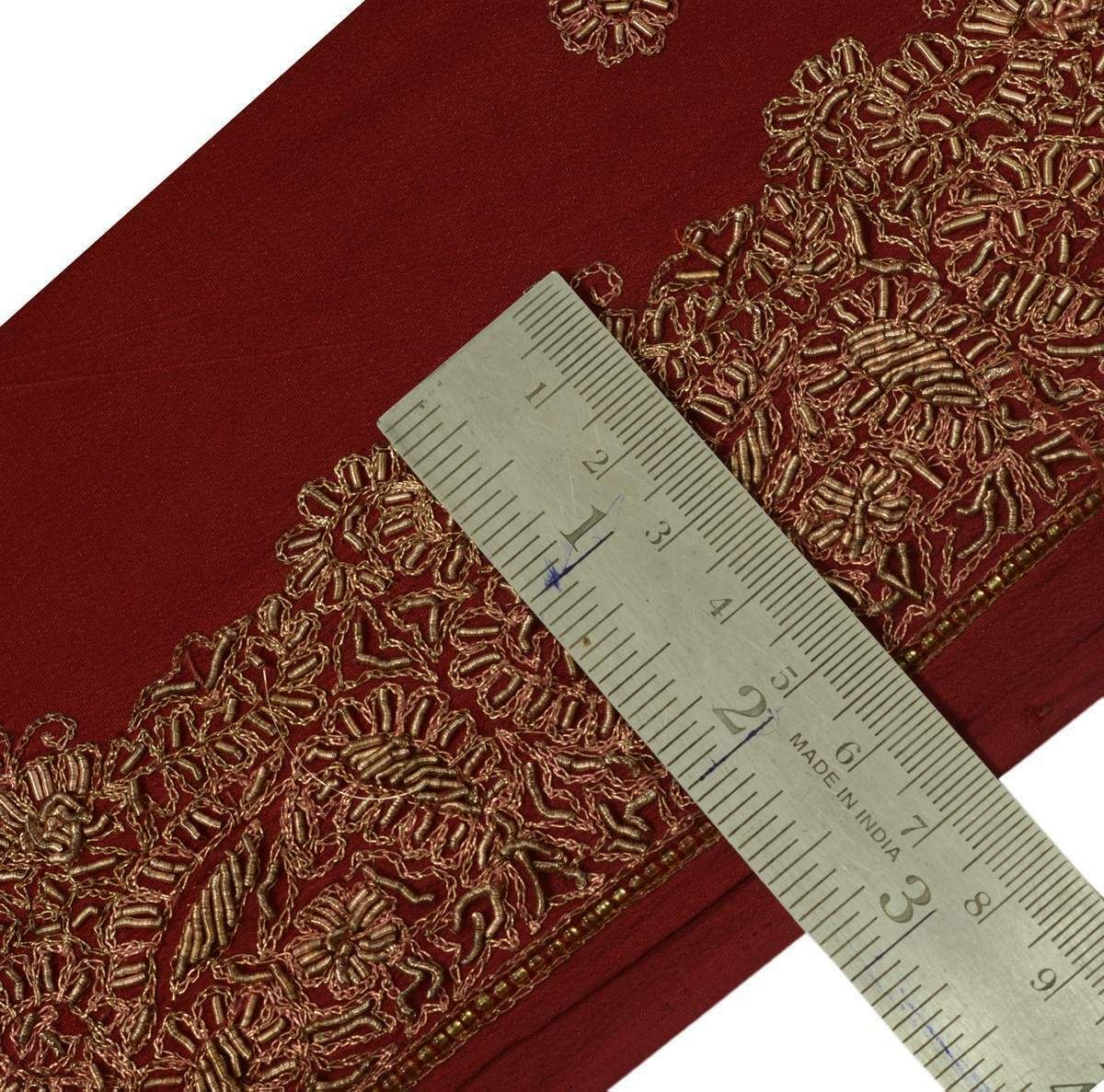 Vintage Sari Border Indian Craft Trim Hand Beaded Embroidered Maroon Lace Ribbon