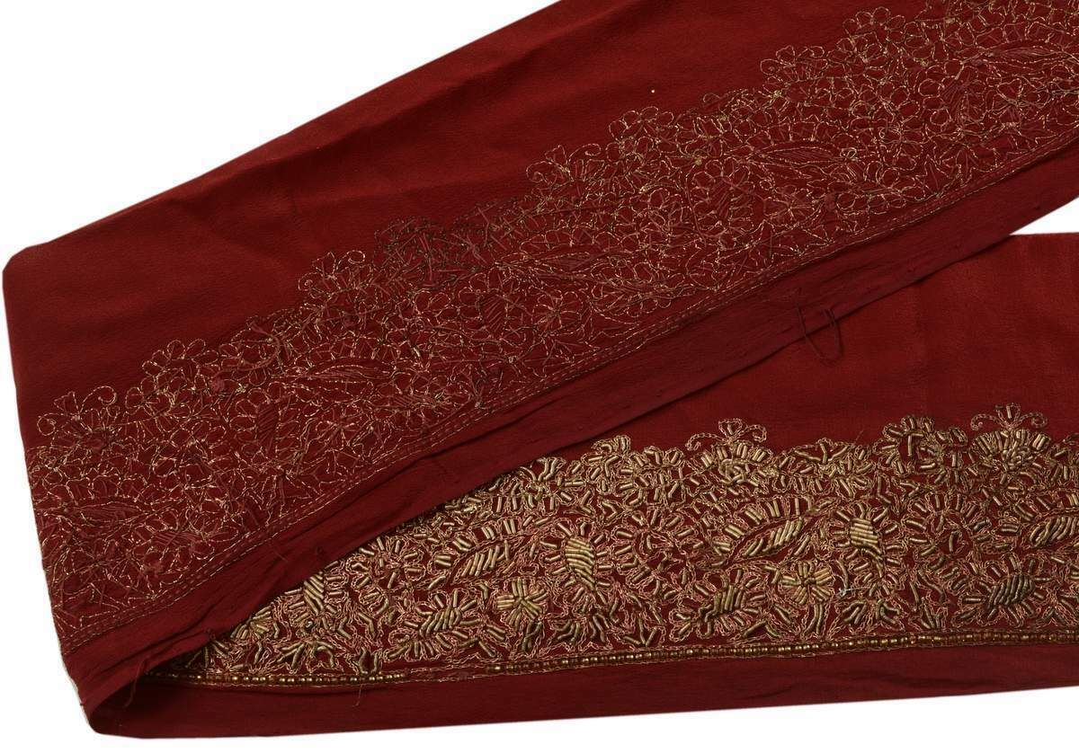 Vintage Sari Border Indian Craft Trim Hand Beaded Embroidered Maroon Lace Ribbon