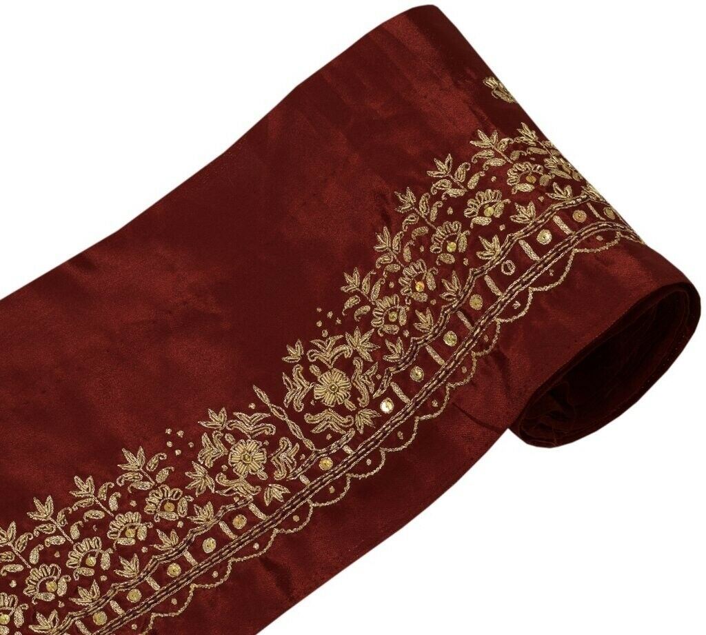 Vintage Sari Border Indian Craft Trim Hand Beaded Embroidered Ribbon Lace Maroon