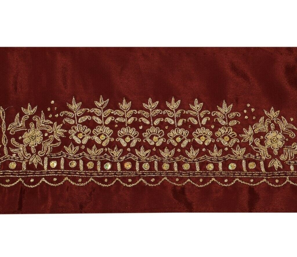 Vintage Sari Border Indian Craft Trim Hand Beaded Embroidered Ribbon Lace Maroon