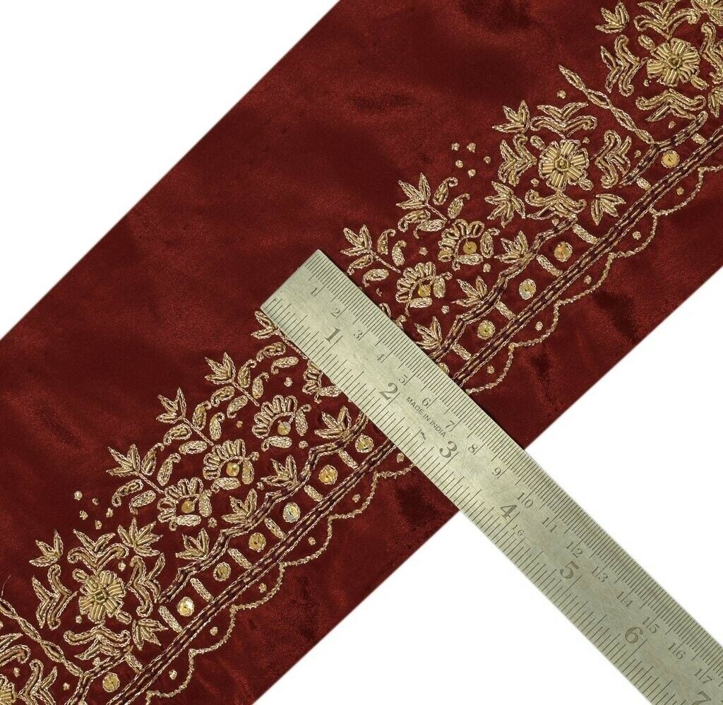 Vintage Sari Border Indian Craft Trim Hand Beaded Embroidered Ribbon Lace Maroon