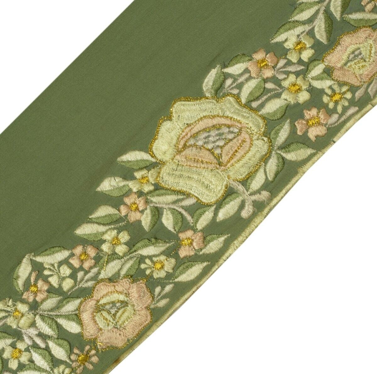 Vintage Sari Border Indian Craft Sewing Trim Embroidered Floral Green Lace