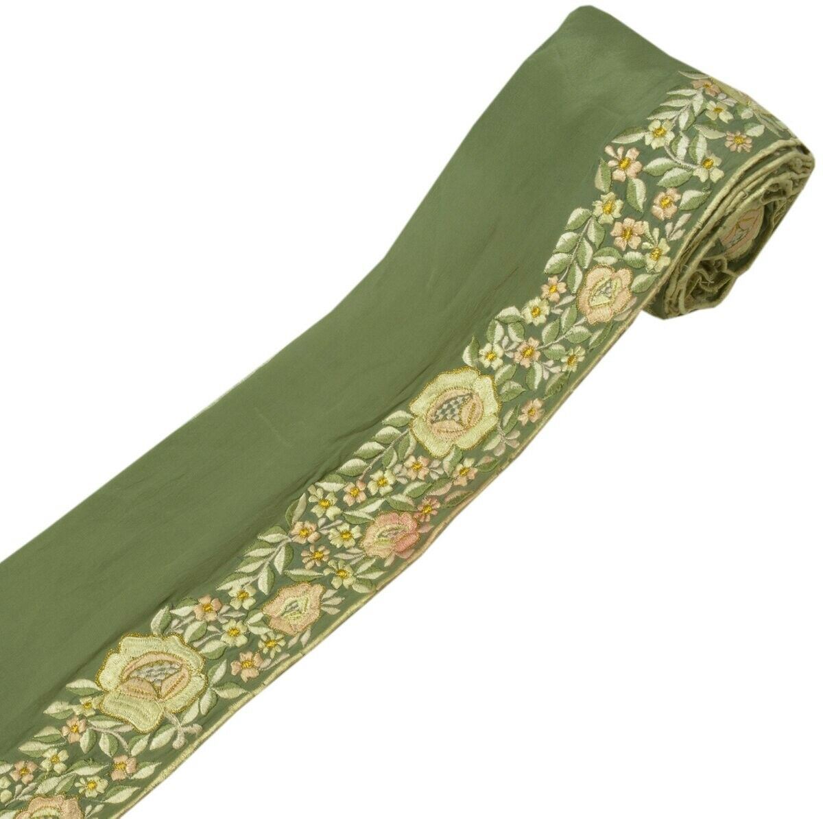 Vintage Sari Border Indian Craft Sewing Trim Embroidered Floral Green Lace