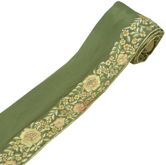 Vintage Sari Border Indian Craft Sewing Trim Embroidered Floral Green Lace