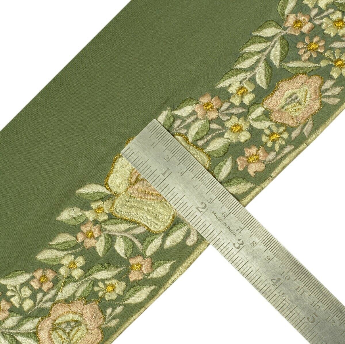 Vintage Sari Border Indian Craft Sewing Trim Embroidered Floral Green Lace