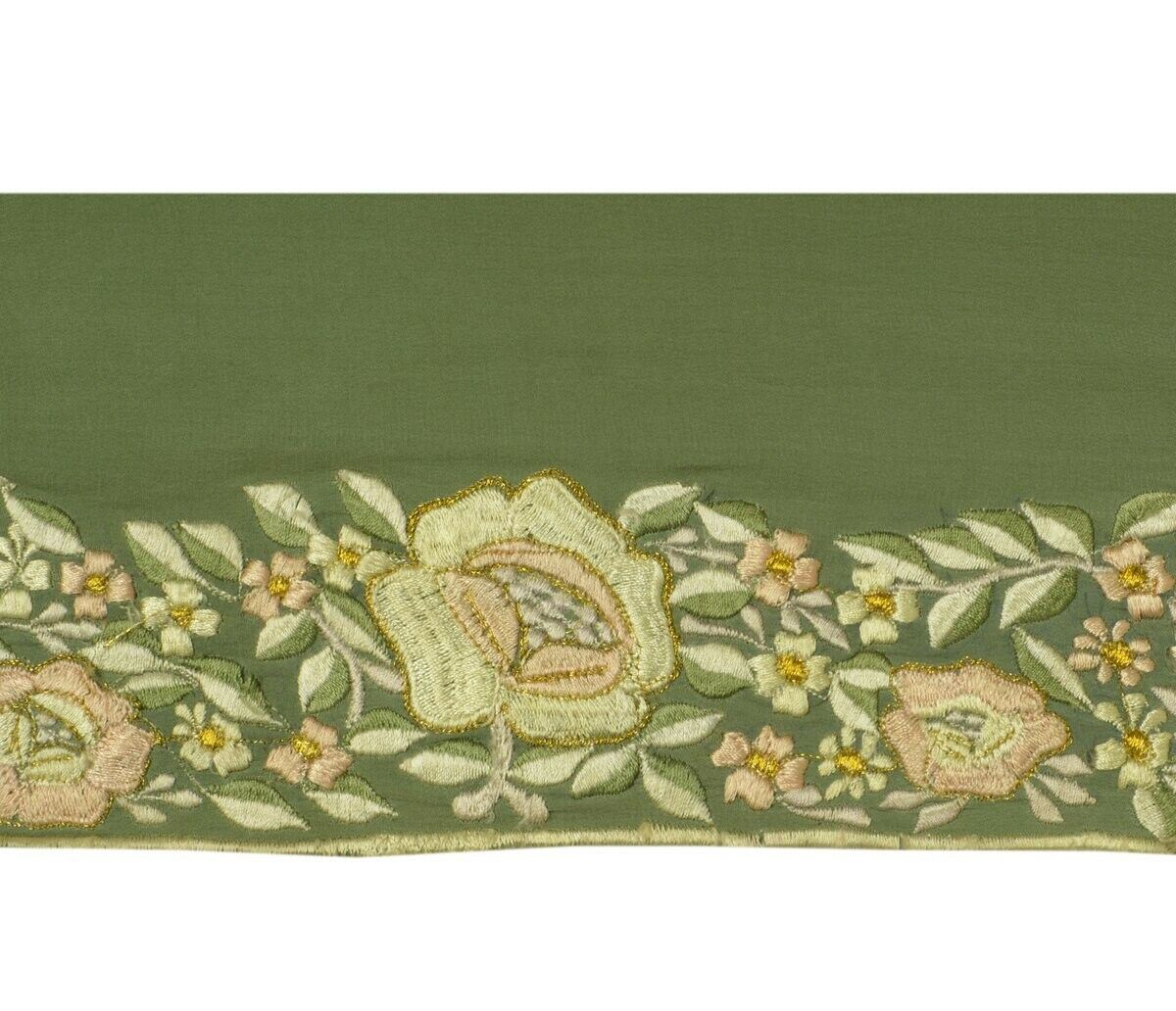 Vintage Sari Border Indian Craft Sewing Trim Embroidered Floral Green Lace