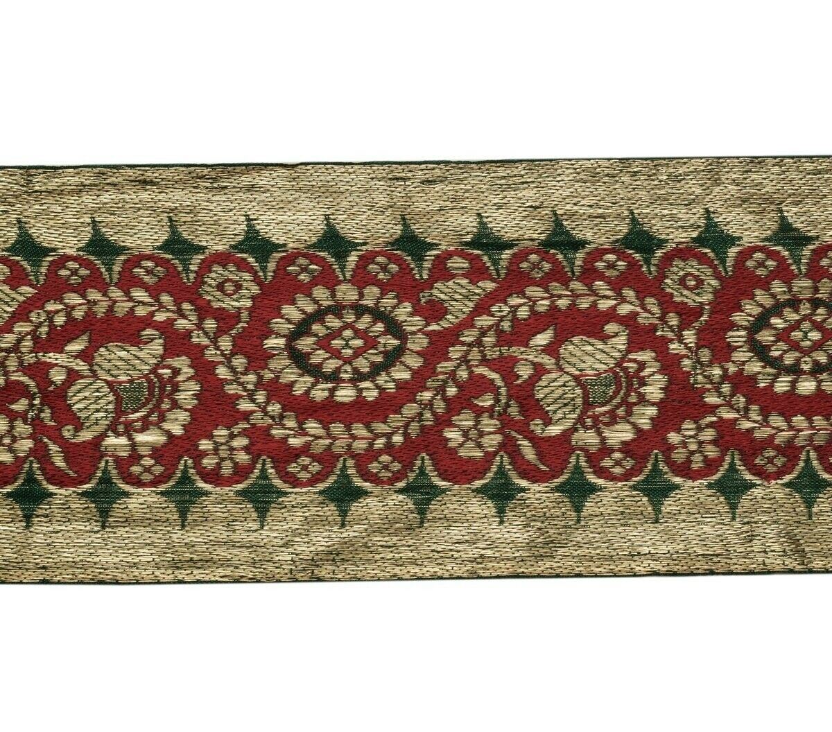 Vintage Sari Border Indian Craft Trim Zari & Resam Woven Green Maroon Sew Lace