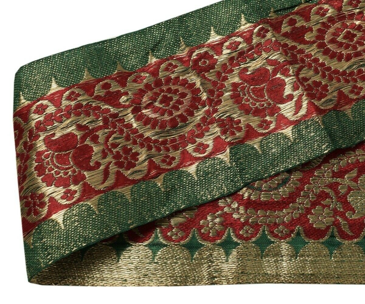 Vintage Sari Border Indian Craft Trim Zari & Resam Woven Green Maroon Sew Lace