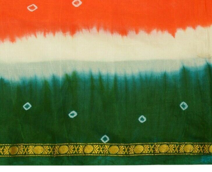 Vintage Orange Scrap Saree Indain Art Silk Printed Craft Sari Remnant Fabric