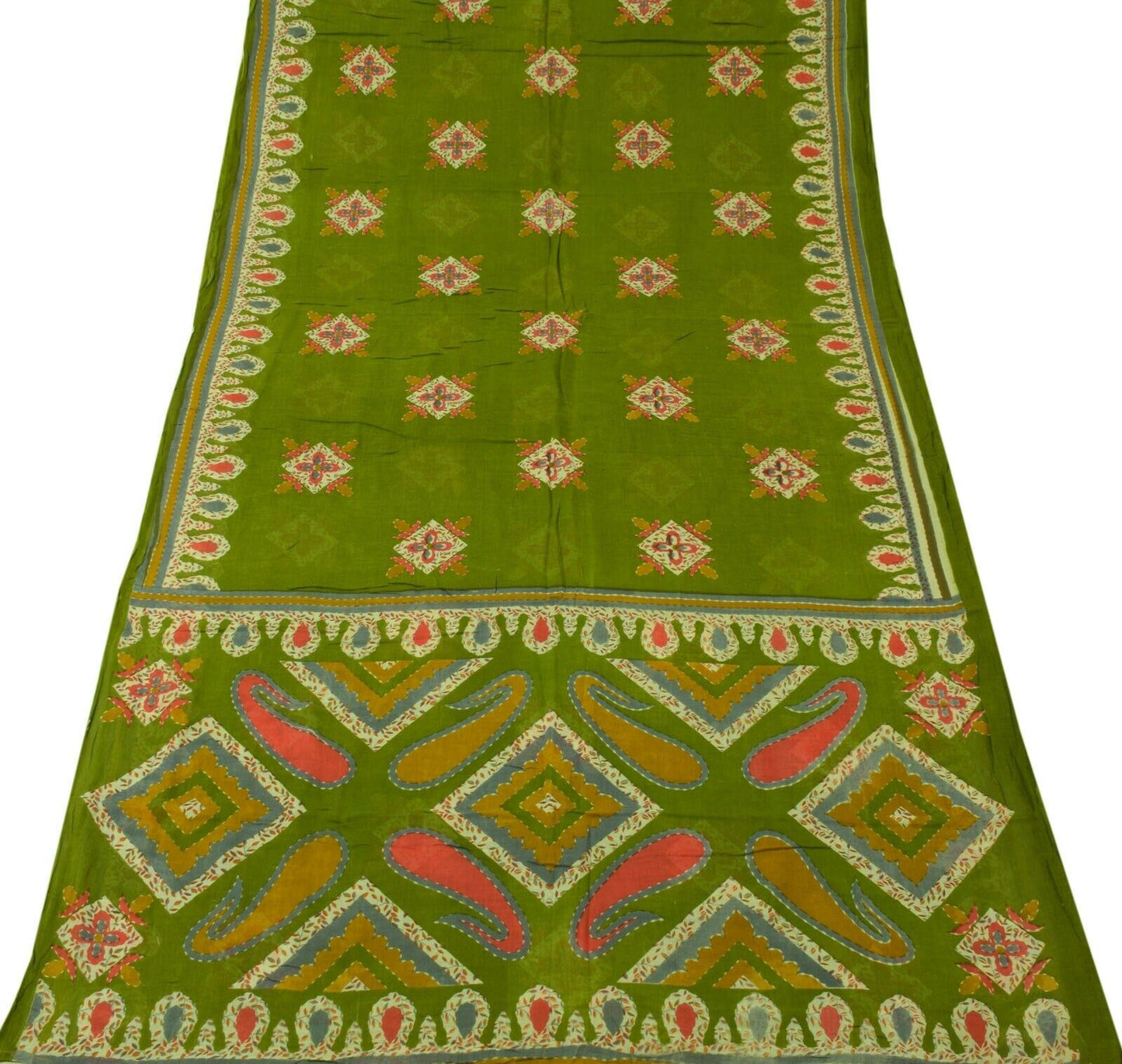 Vintage Indian Scrap Green Saree Pure Cotton Printed Craft Sari Remnant Fabric