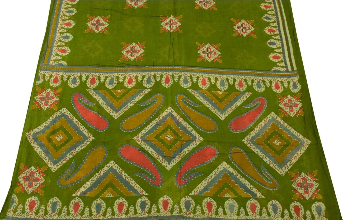 Vintage Indian Scrap Green Saree Pure Cotton Printed Craft Sari Remnant Fabric