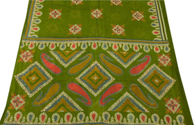 Vintage Indian Scrap Green Saree Pure Cotton Printed Craft Sari Remnant Fabric