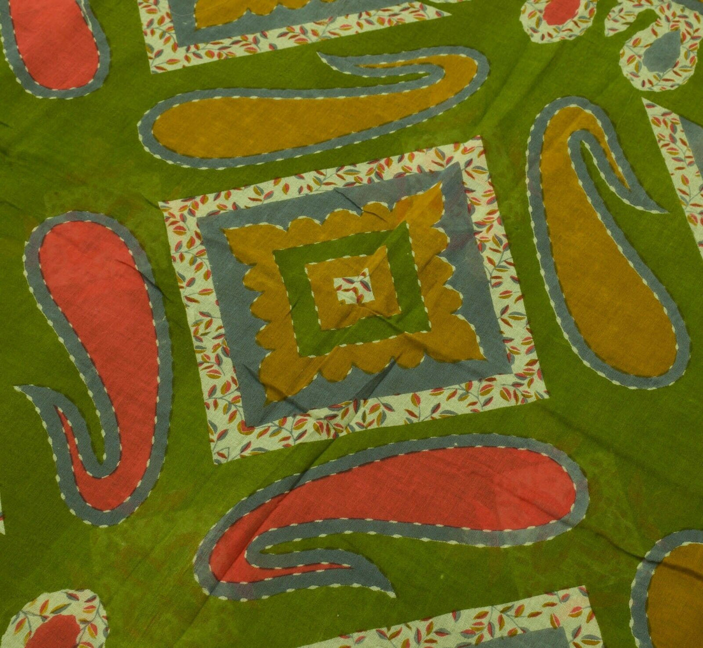 Vintage Indian Scrap Green Saree Pure Cotton Printed Craft Sari Remnant Fabric