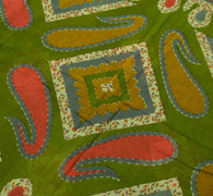 Vintage Indian Scrap Green Saree Pure Cotton Printed Craft Sari Remnant Fabric