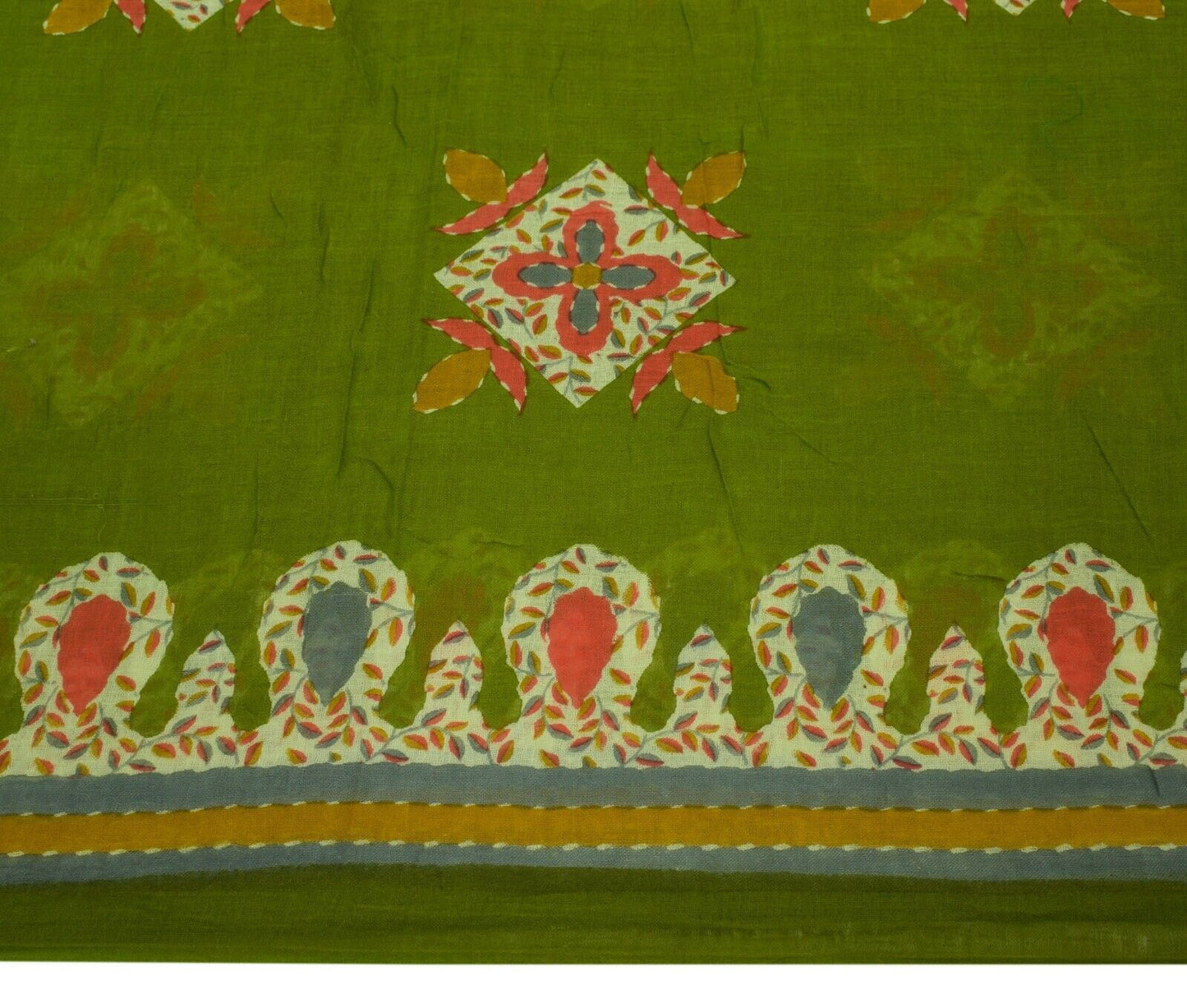 Vintage Indian Scrap Green Saree Pure Cotton Printed Craft Sari Remnant Fabric