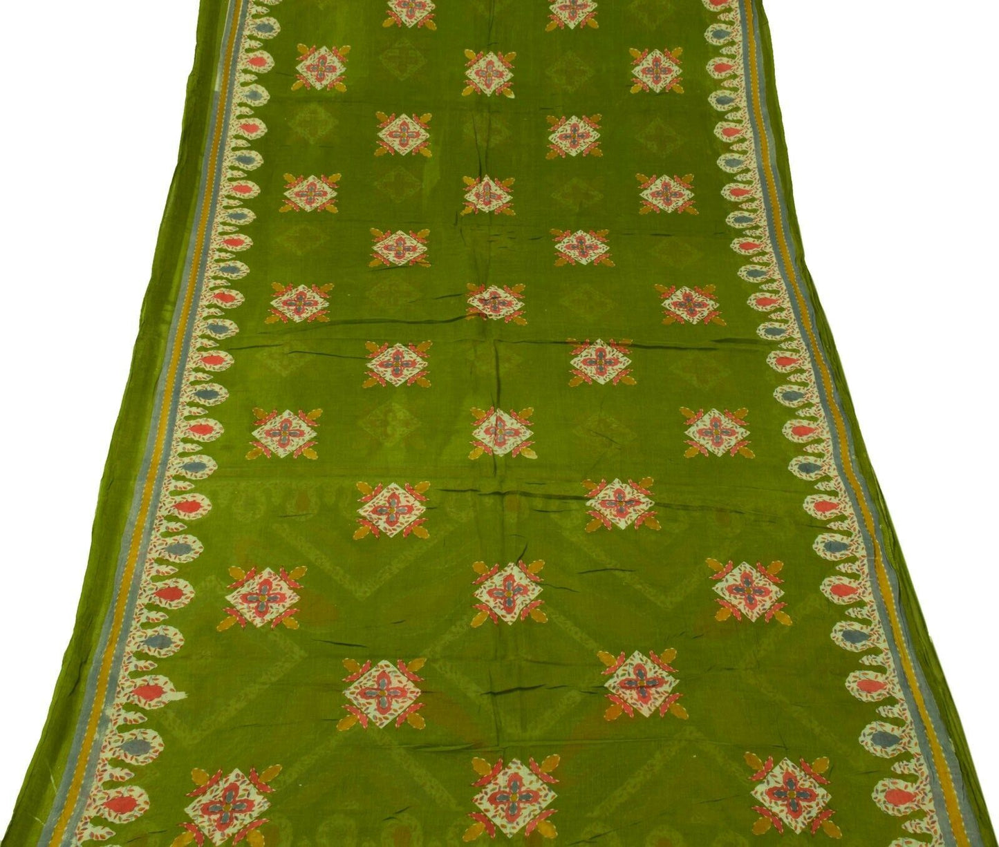 Vintage Indian Scrap Green Saree Pure Cotton Printed Craft Sari Remnant Fabric