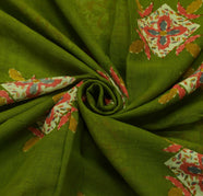 Vintage Indian Scrap Green Saree Pure Cotton Printed Craft Sari Remnant Fabric