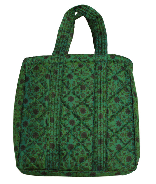 Sushila Vintage Green Tote Bag 100% Pure Silk Printed Handbag Shoulder Bag