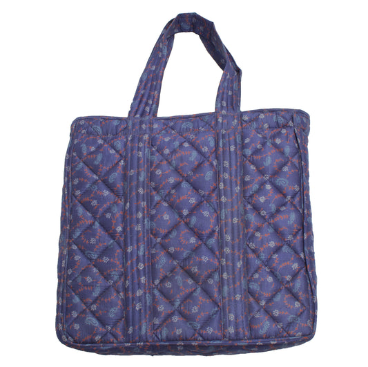 Sushila Vintage Blue Indian Tote Bag 100% Pure Silk Printed Handbag Shoulder Bag