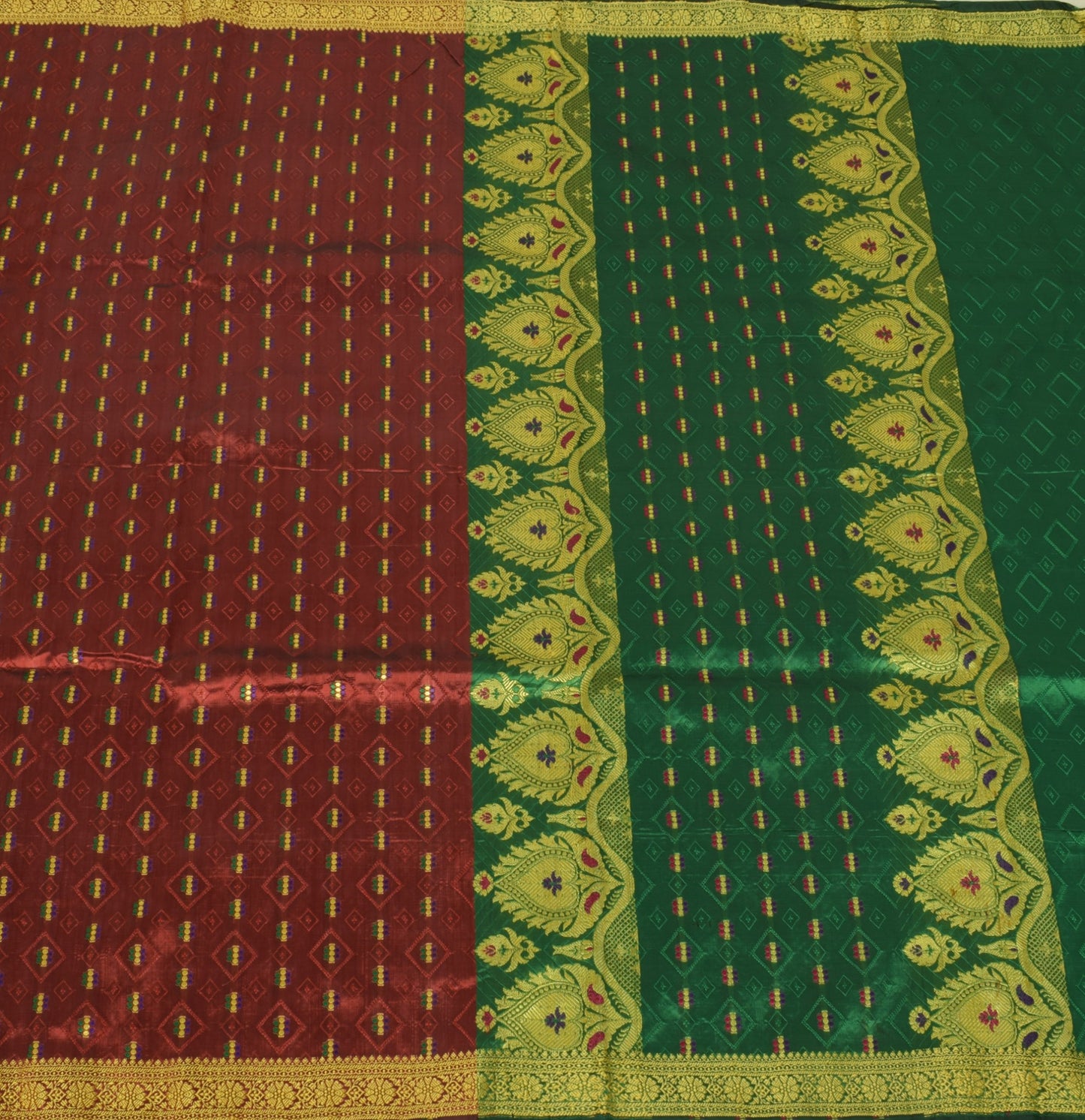 Sushila Vintage Maroon Scrap Craft Saree Blend Silk Woven Banarasi Sari Fabric