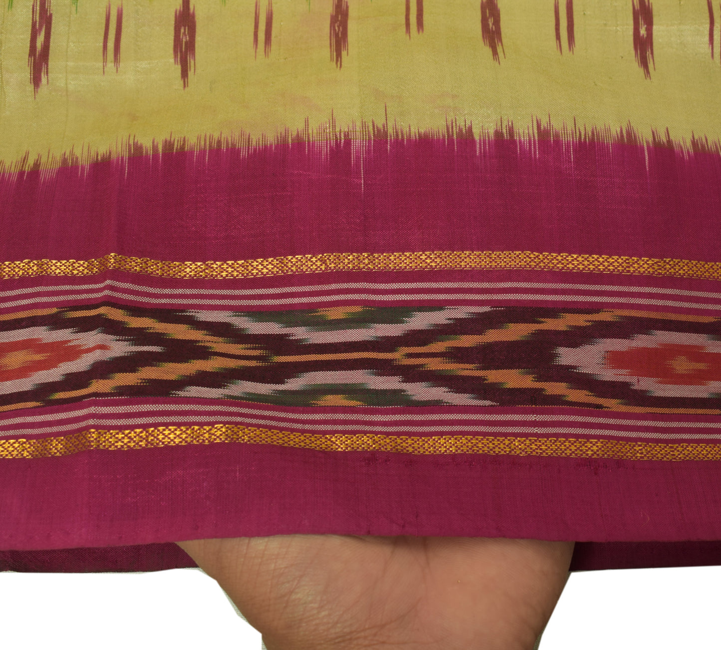 Sushila Vintage Cream Scrap Craft Saree Pure Silk Hand Woven Ikkat Patola Fabric