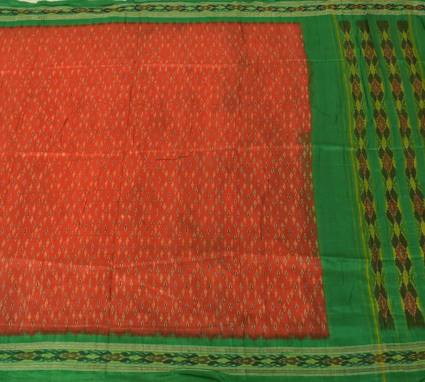 Sushila Vintage Orange Scrap Saree Pure Silk Hand Woven Ikkat Patola Sari Fabric