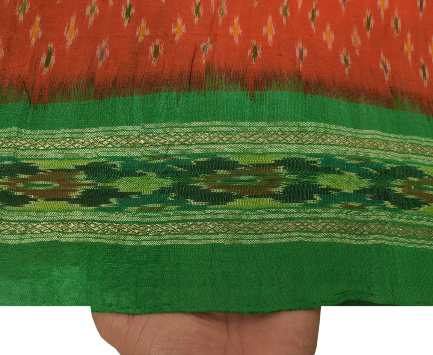 Sushila Vintage Orange Scrap Saree Pure Silk Hand Woven Ikkat Patola Sari Fabric